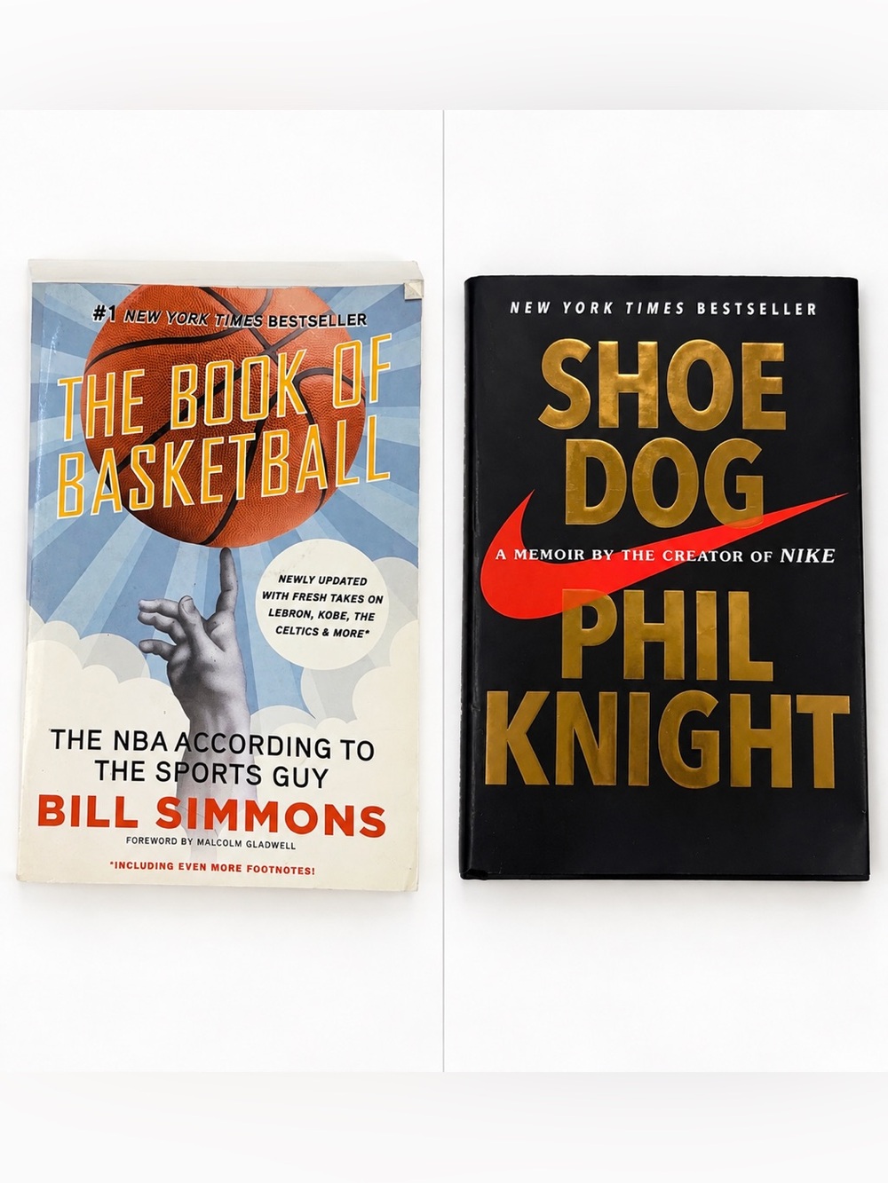 The Book of Basketball by Bill Simmons and Shoe Dog by Phil knight